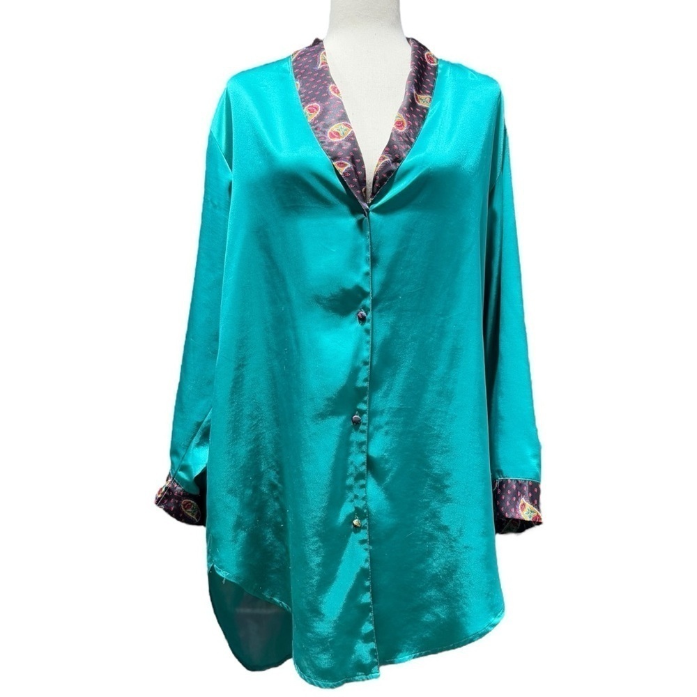 Beth Michaels Vintage Turquoise Teal Satin Button Down Robe Size Medium Paisley